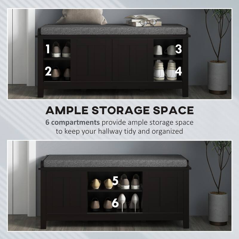 Shoe Bench Storage Ottoman with Sliding Doors, Adjustable Shelving, 6 Compartments, and Padded Seat