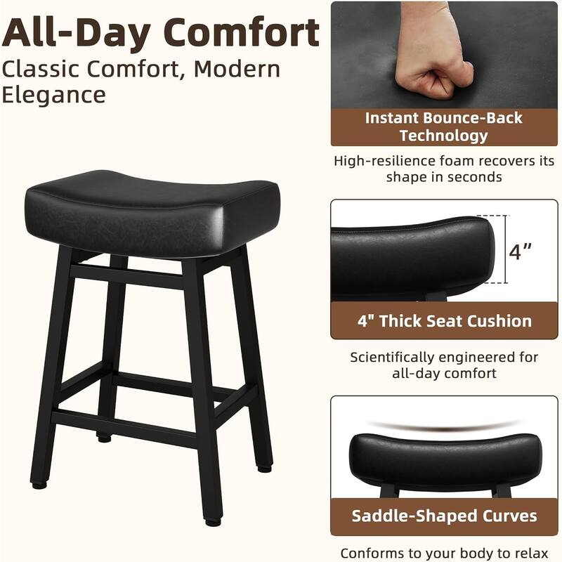 XINMICS 24 Inches Bar Stools, Saddle Kitchen Stools with PU Leather Cushion Counter Height Barstools for Kitchen Dining Cafe