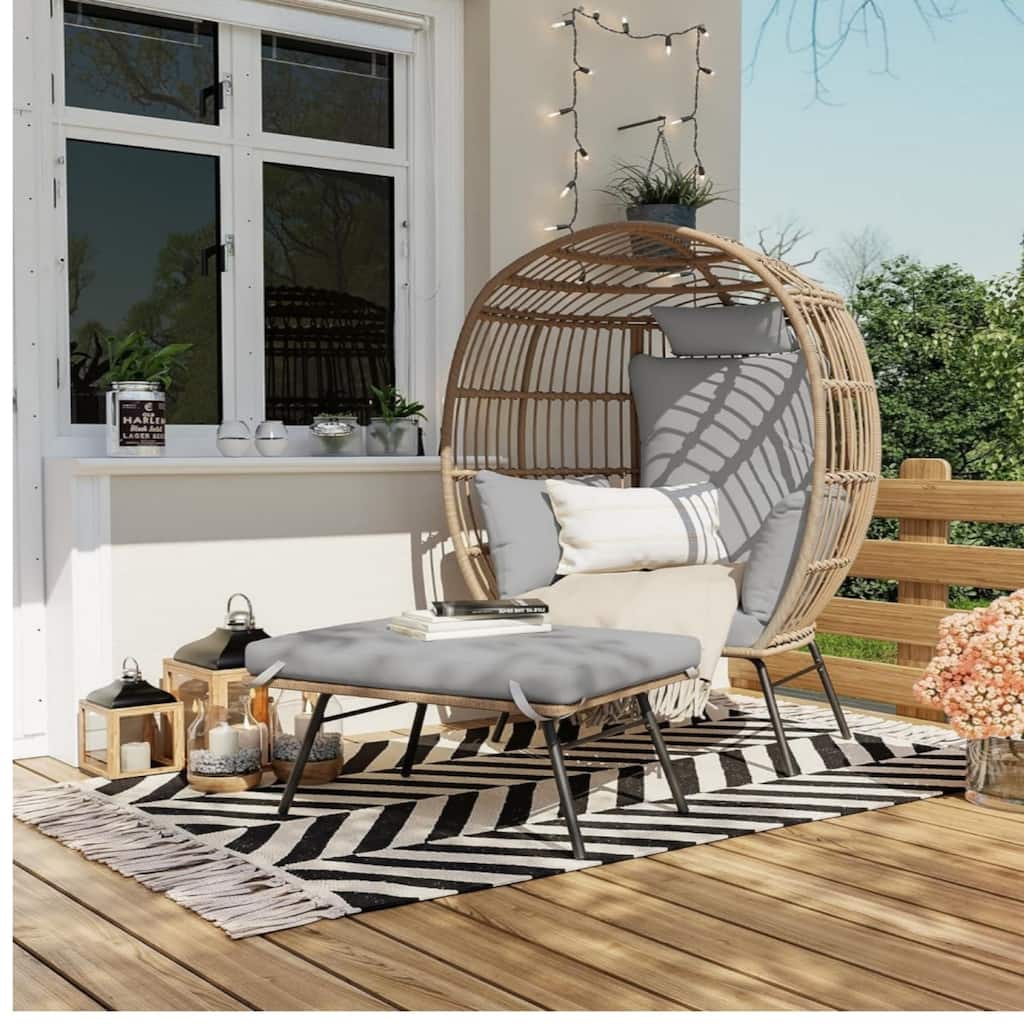 Oversized Wicker Egg Chair with Footstool, Thick Cushion, Gray