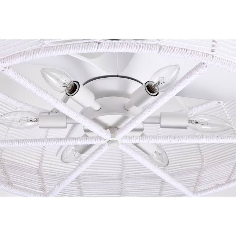 Akasha 28 Inch Rattan Rope 6 Light Fandelier with Remote (White Color)