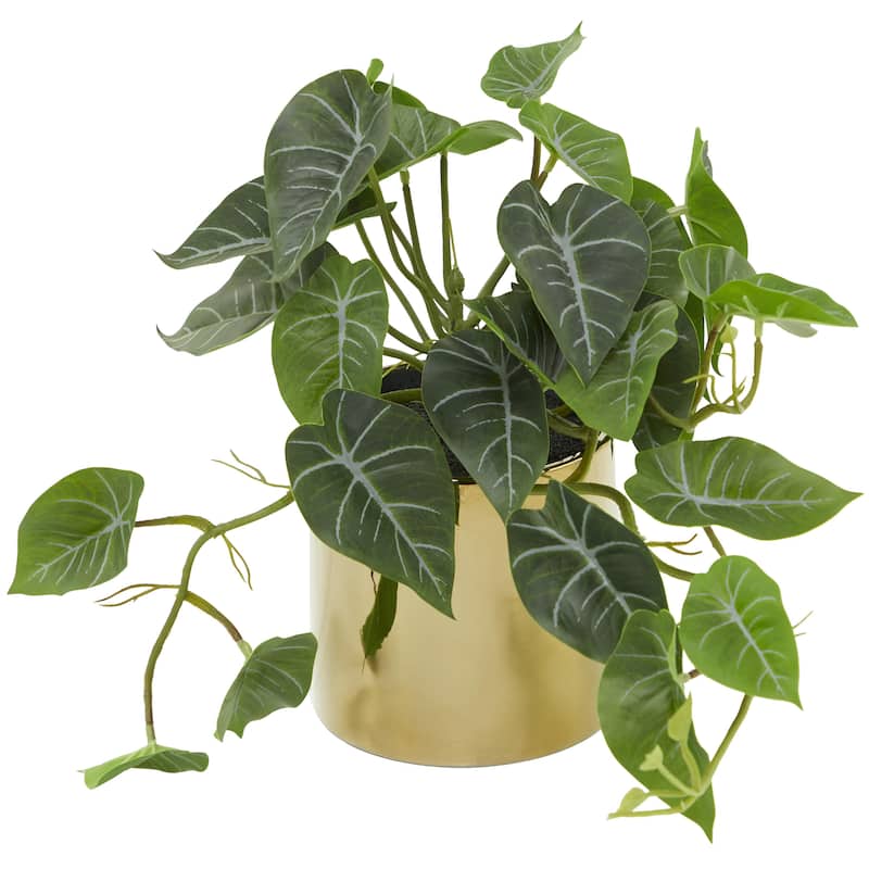 Green Faux Foliage Pothos Artificial Plant with Realistic Leaves and Gold Porcelain Pot