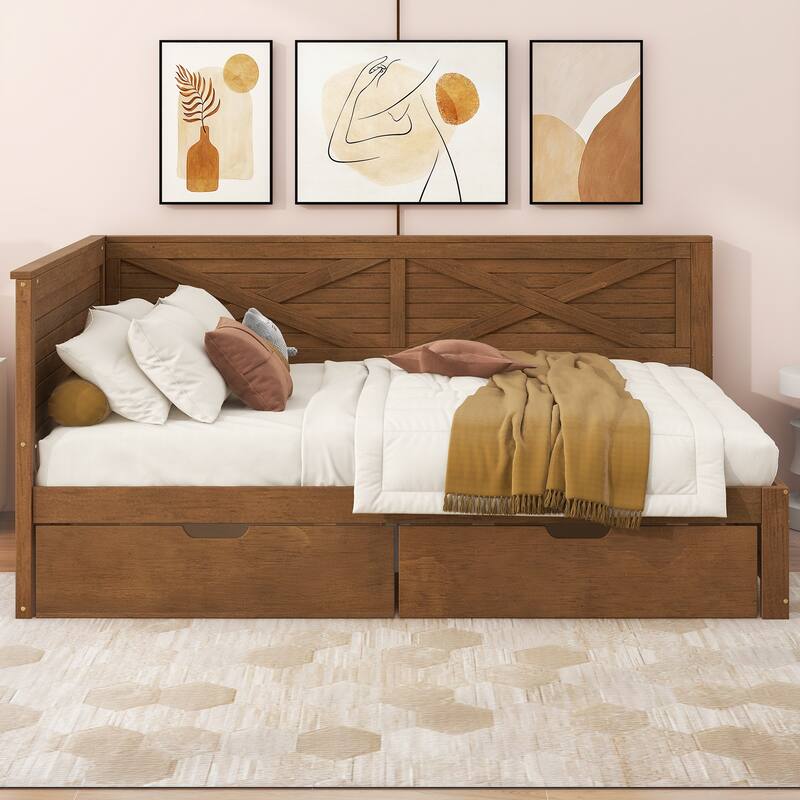 Twin Size Wood Daybed with Two Drawers and Rustic Guardrail for Bedroom
