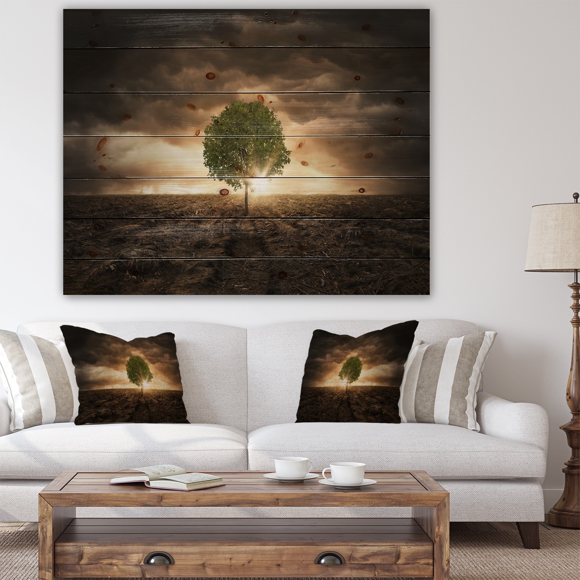 Designart Lonely Tree Under Dramatic Sky Wall Art Landscape Print On Natural Pine Wood Multi Color Overstock 23107418