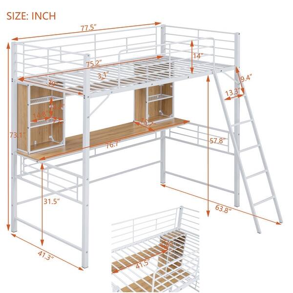 dimension image slide 0 of 4, Modern Metal Frame Loft Bed with Desk and Shelf, Side Ladder