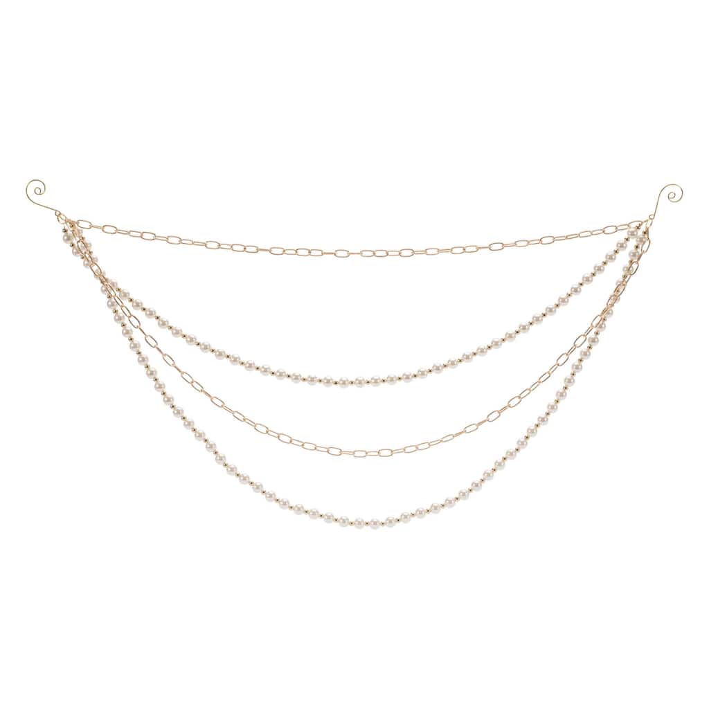Set of 2 Gold and White Faux Pearl Garland with Chain Link Stylish Christmas Decoration Accent - 27”L x 12”H