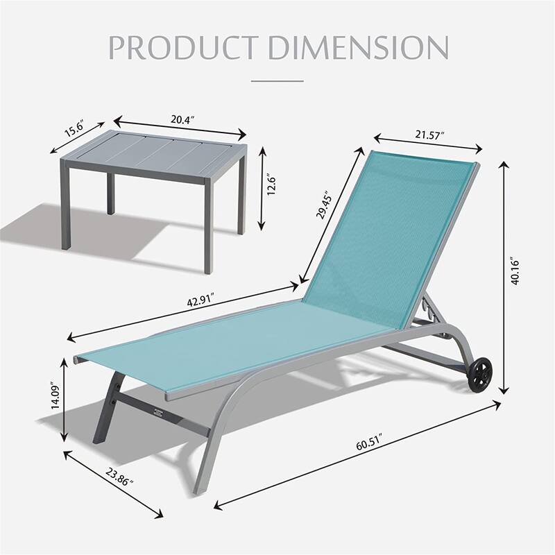 Outdoor Chaise Lounge Set of 3 Adjustable Patio Recliners with Wheels and Side Table for Poolside Beach or Garden