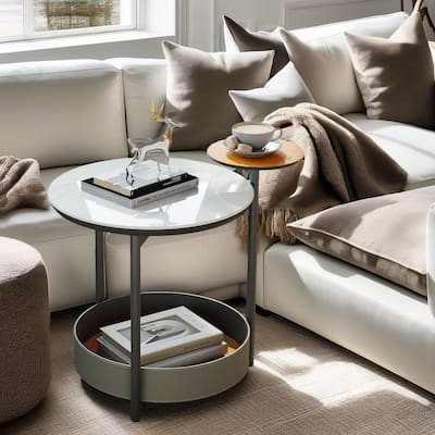 Unique Round Side End Table with 3-Tiers,Sintered Stone-top,Microfiber Saddle Leather Shelves,Accent Bedside Table for Room