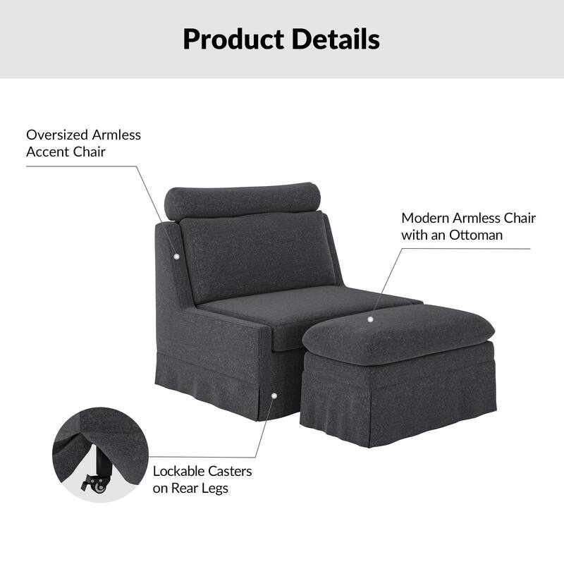 Flo Modern 45" W Oversized Slipcovered Accent Chair with Wheels and Ottoman Set of 2 by HULALA HOME