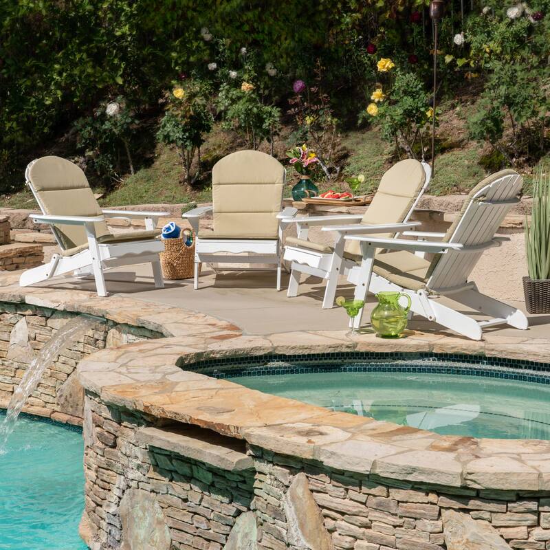 Malibu Outdoor Acacia Wood Folding Adirondack Chairs with Cushions (Set of 4) by Christopher Knight Home - White+Khaki Cushion