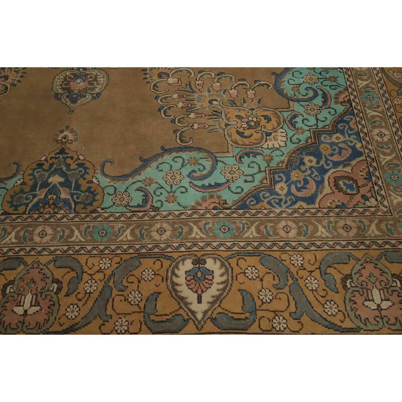 Hand Knotted Oriental 100% Wool Carpet Traditional Floral Brown Tabriz Area Rug - 12' 9'' X 9' 6''