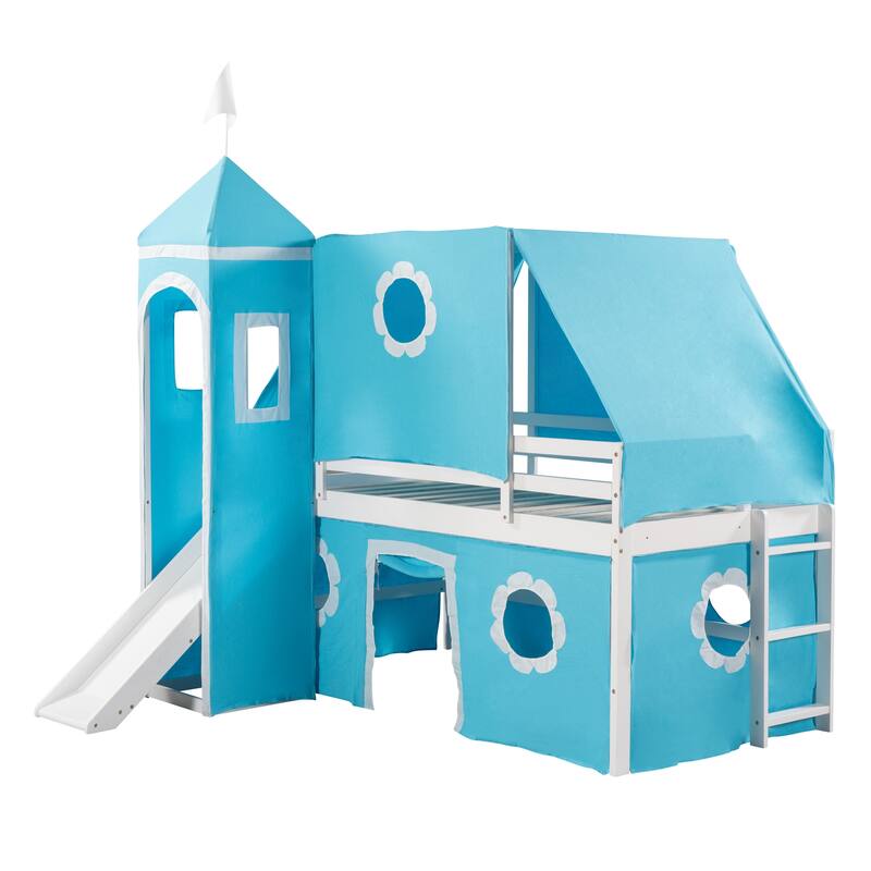 Cute Solid Wood House Loft Bed with Slide, Tent, and Tower for Bedroom