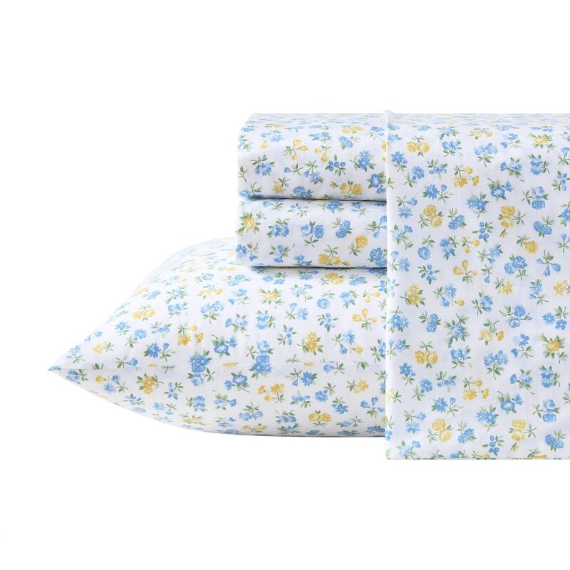 Laura Ashley Soft & Breathable Cotton Percale Deep-Pocket Sheet Set - Twin - Ditsy Doodle Blue