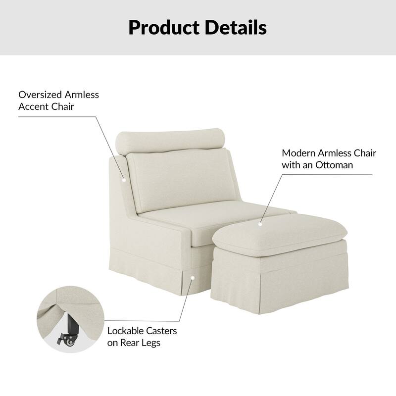 Flo Modern 45" W Oversized Slipcovered Accent Chair with Wheels and Ottoman Set of 2 by HULALA HOME