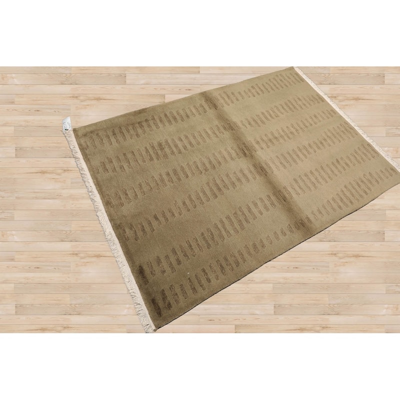 Hand Knotted Tibetan Olive Green Wool Modern Oriental Area Rug - 4' x 5' 11''