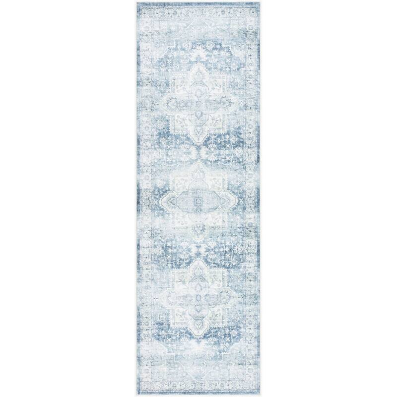 Livabliss Traditional Lavable Medallion Washable Area Rug - 2'6" x 8' - Light Blue/Off White