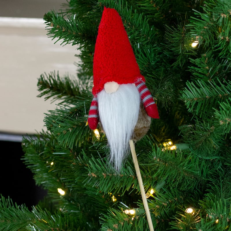 11.5" Tiny Gray Faux Fur Santa Gnome with Red Hat and Striped Arms on a Stick Christmas Decoration - 11.5