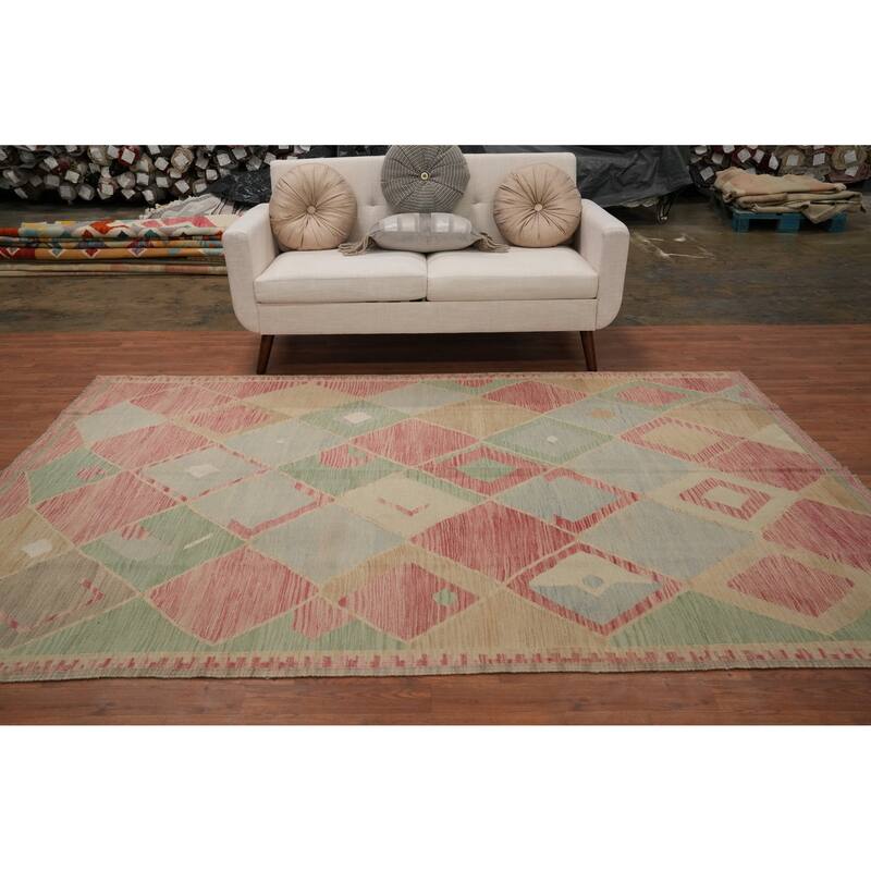 Hand Woven Oriental 100% Wool Carpet Southwestern Modern Pink Kilim Area Rug - 9' 0'' X 5' 11''