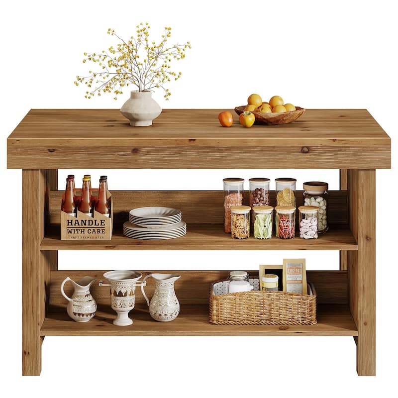 3-Tier 55 Inch Island, Solid Wood Farmhouse Center Island Table