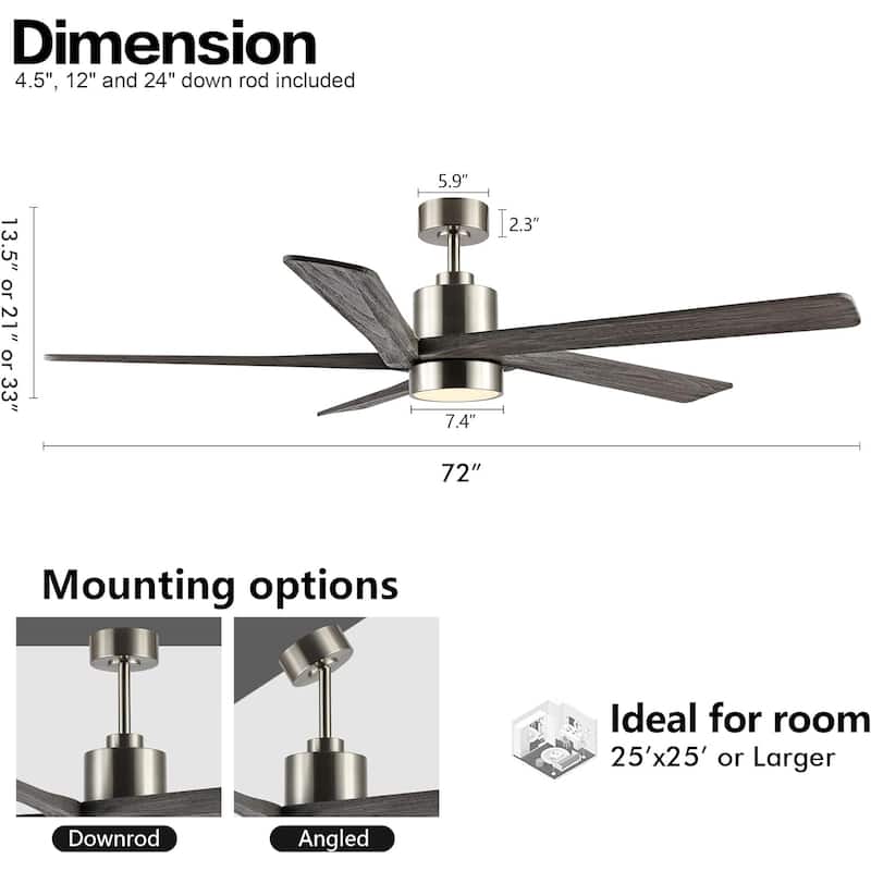 72" Brushed Nickel Aero Blade Ceiling Fan with LED Light and Remote - Brushed Nickel - 72"D x 72"W x 21"H