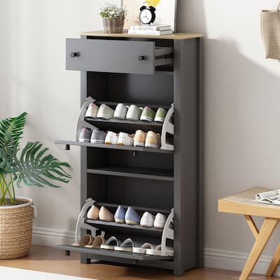 Shoe Cabinet Storage for Entryway, Hidden Shoes Storage Cabinet with 2 Flip Drawers, Large Wood Top Shoe Cabinet for Foyer