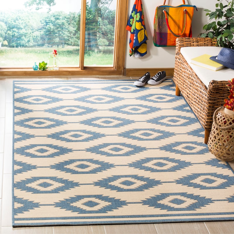 SAFAVIEH Linden Seda Indoor/ Outdoor Waterproof Patio Backyard Rug - 8' x 10' - Blue/Creme