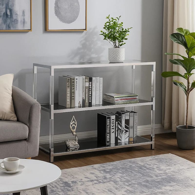 Metal and Glass Sofa Table with 2 Open Shelves, Silver and Clear