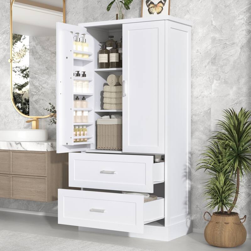 Tall Bathroom Storage Cabinet with Two Doors and Drawers, Adjustable Shelf, MDF Board - White