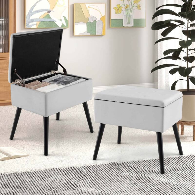 Costway 2 PCS Velvet Vanity Stools with Storage Solid Wood Legs - See Details