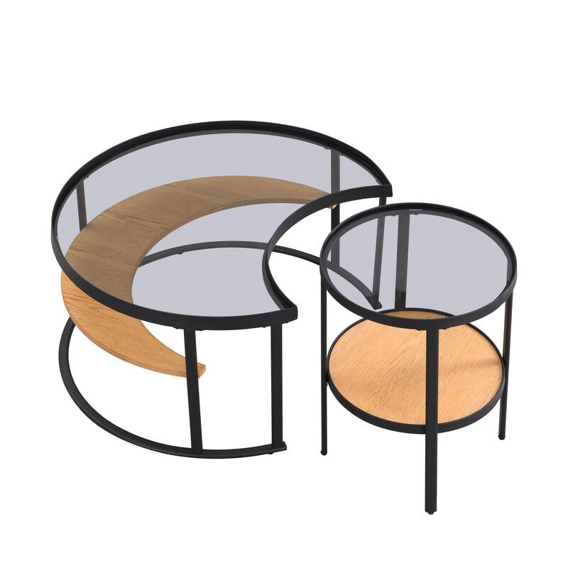 Modern Minimalist Round Coffee Table Set with Tempered Glass Top and Open Wood Storage Shelves