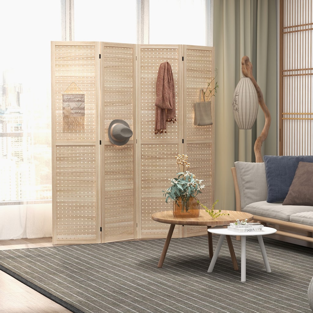 HOMCOM 4 Panel Room Divider, 5.6' Tall Indoor Portable Wood Folding Privacy Screen with Hook Holes