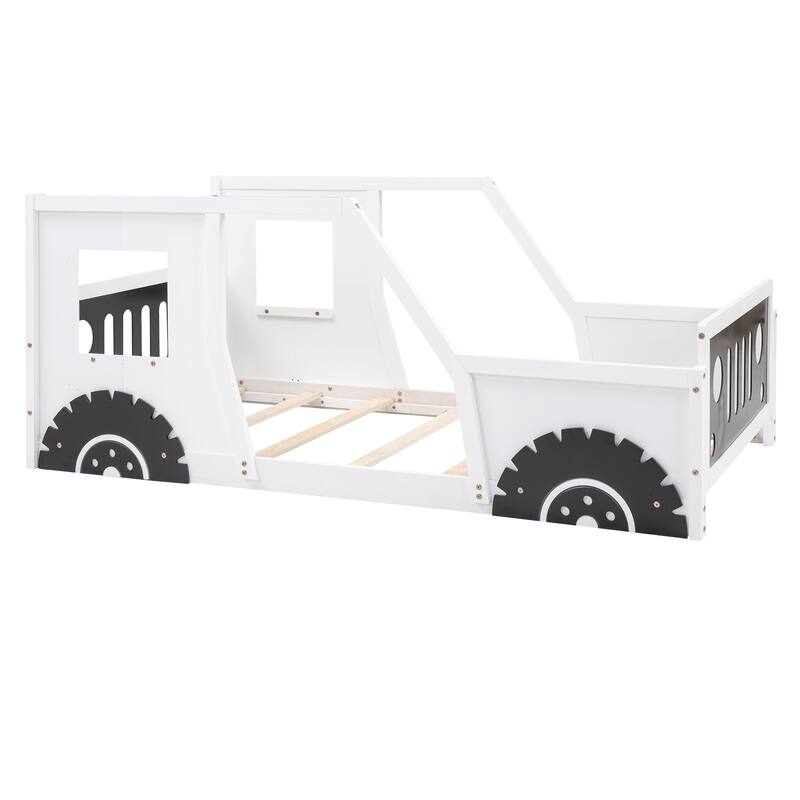 Classic White Twin-Size Car-Shaped Platform Bed with Decorative Wheels