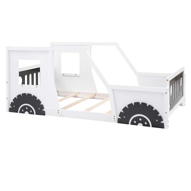 Twin Size Classic Car-Shaped Platform Bed w/Wheels, Wood Car Bed Frame