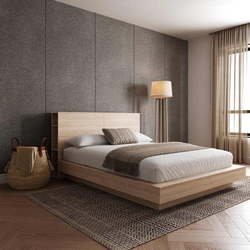 Marconi Platform Bed with Storage Headboard - Natural Blonde Oak
