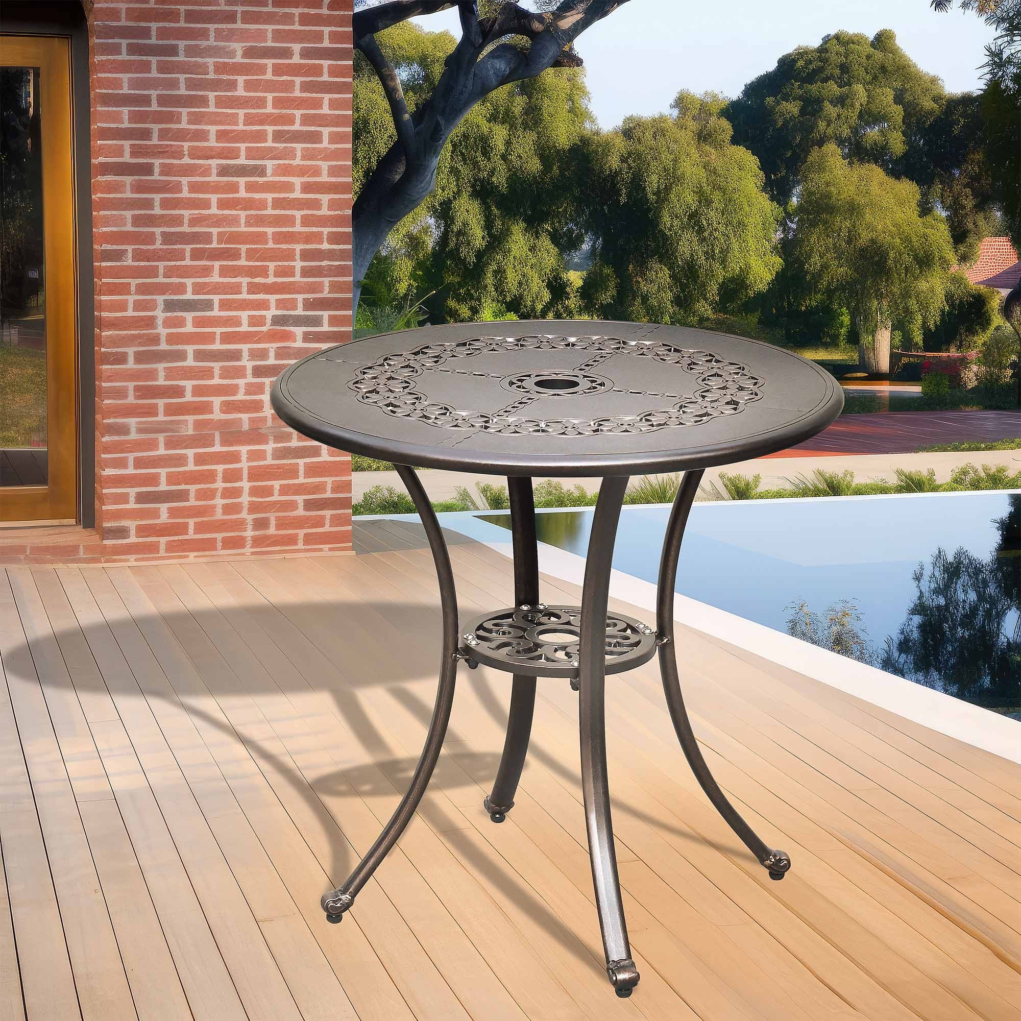 Moasis 25" Outdoor Round Cast Aluminum Dining Table with Umbrella Hole