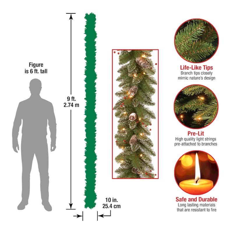 National Tree Company 9' x 10" Glittery Mountain Spruce Garland 50 Clear Lights - 9 ft