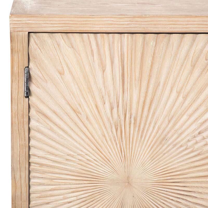Isabelle 79-inch Pine Light Wash 4-Door Sideboard with Hand Carved Burst Pattern Door Fronts