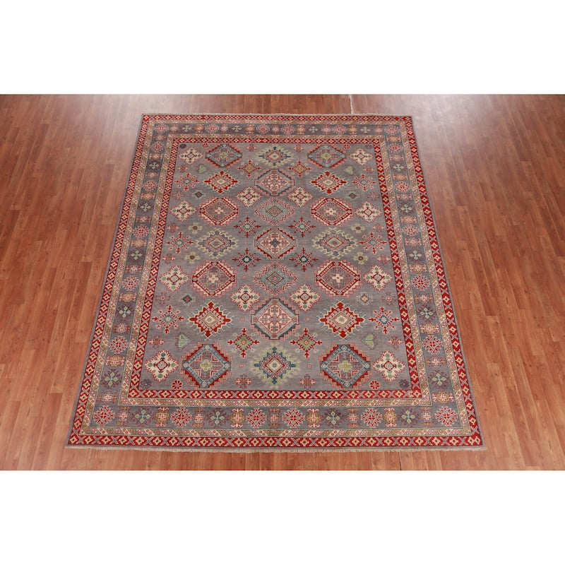 Hand Knotted Oriental 100% Wool Carpet Traditional Geometric Greys & Charcoal Kazak Area Rug - 9' 9'' X 8' 2''
