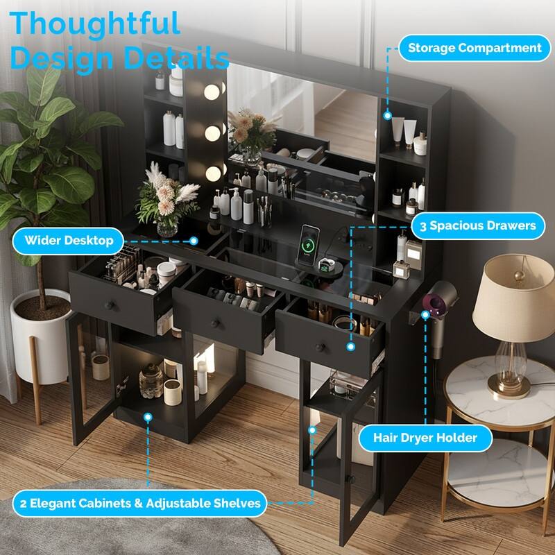 Particle Board Veneered 3 Drawers 2 Glass Doors Left and Right 2-tier Shelves Glass Tabletop Dressing Table - N/A