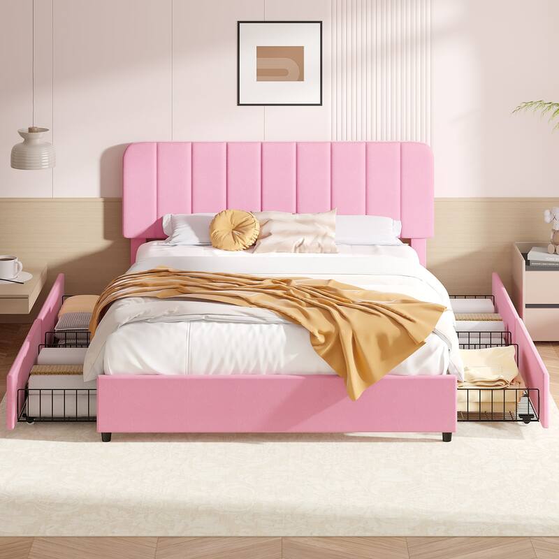 Pink Upholstered Platform Bed Frame with 4 Storage Drawers, Adjustable Velvet Rivets Headboard - Queen