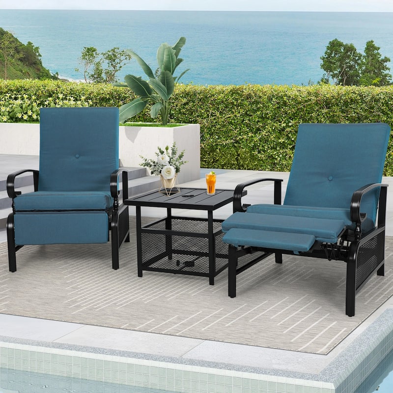 Outdoor Metal Patio Adjustable Recliner Lounge Chair & Bistro Table Set, Retractable Steel Frame and Removable Thick Cushion - Blue+Table