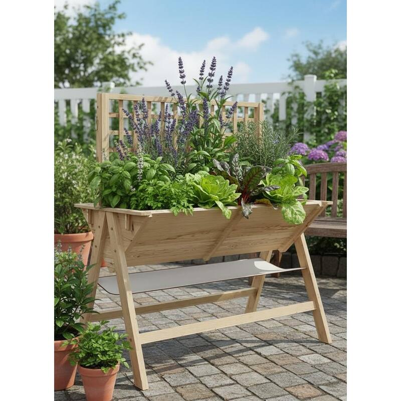 Elevated Garden Bed, with Climbing Trellis - Natural
