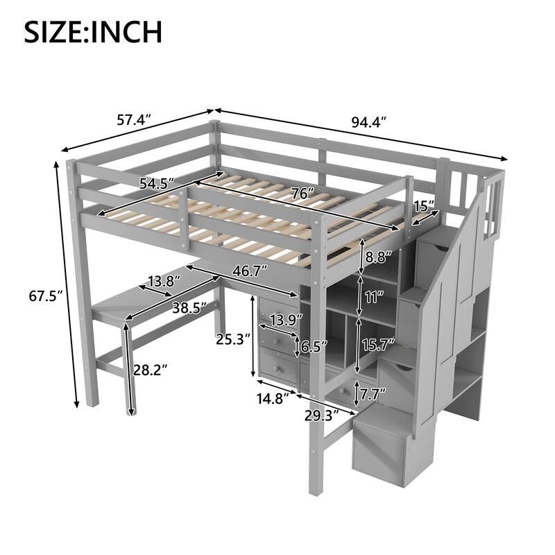Full Size Loft Bed with L-Shaped Desk, Storage Staircase & Cabinet