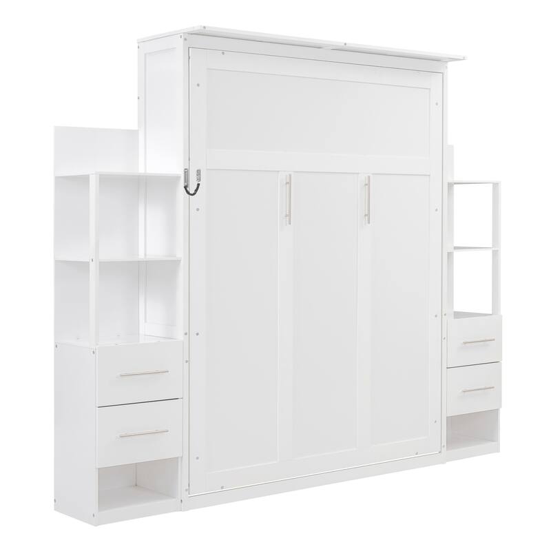 Queen Size Wall Bed with Shelves, Drawers, and LED Lights, White