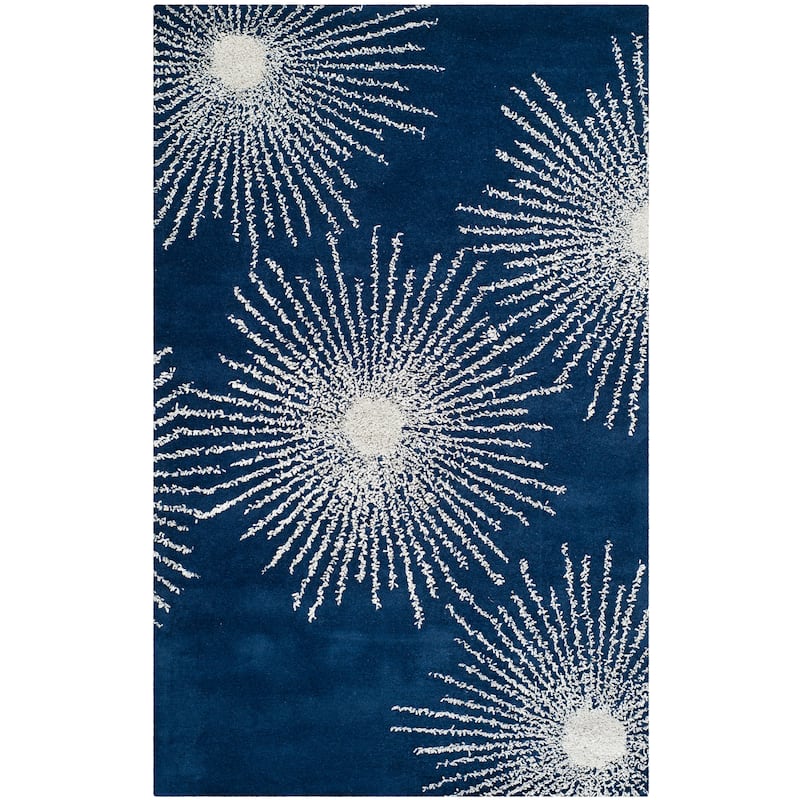 SAFAVIEH Handmade Soho Miyase Burst New Zealand Wool Rug - 3'6" x 5'6" - DarkBlue/Ivory