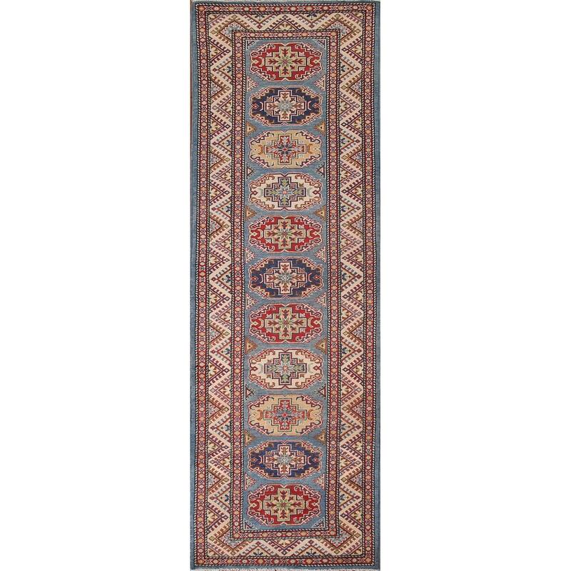 Blue Geometric Kazak Runner Rug Hand-Knotted Wool Carpet - 2'9" x 11'3"
