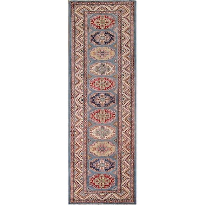 Blue Geometric Kazak Runner Rug Hand-Knotted Wool Carpet - 2'9" x 11'3"