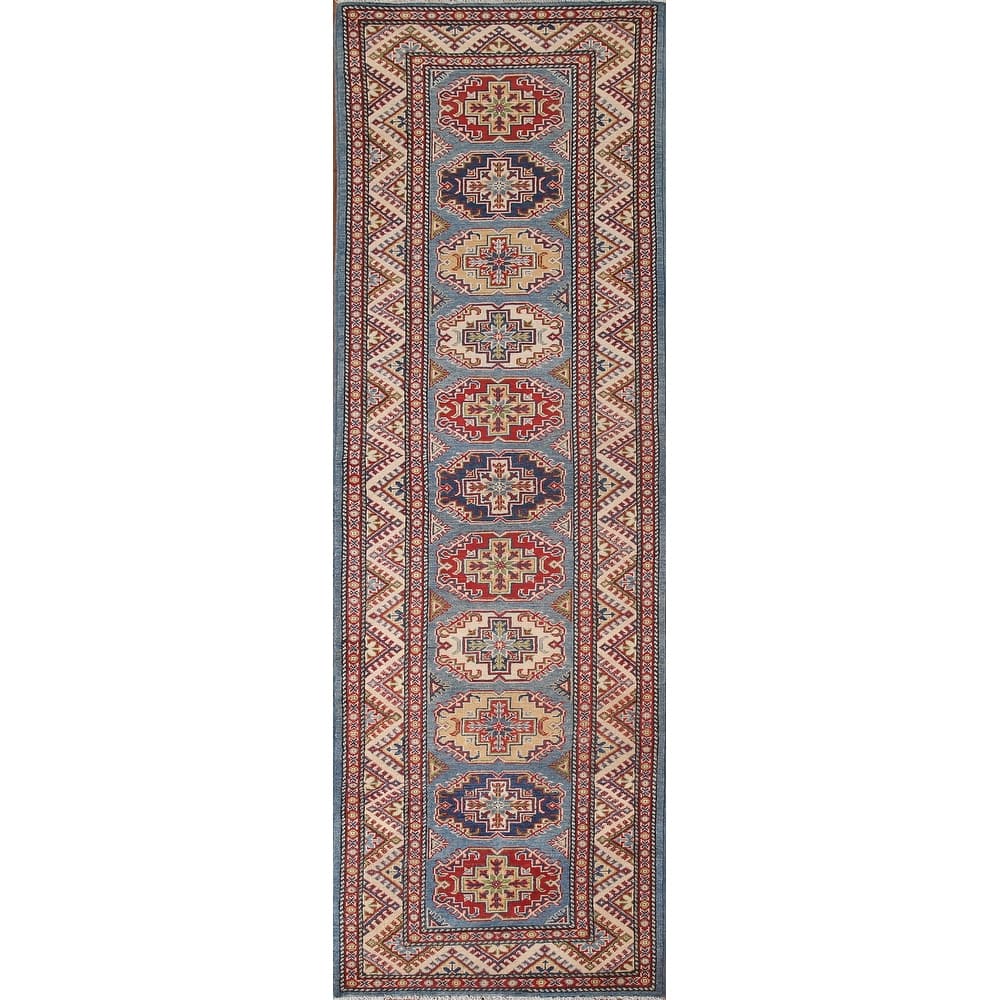 Blue Geometric Kazak Runner Rug Hand-Knotted Wool Carpet - 2'9" x 11'3"