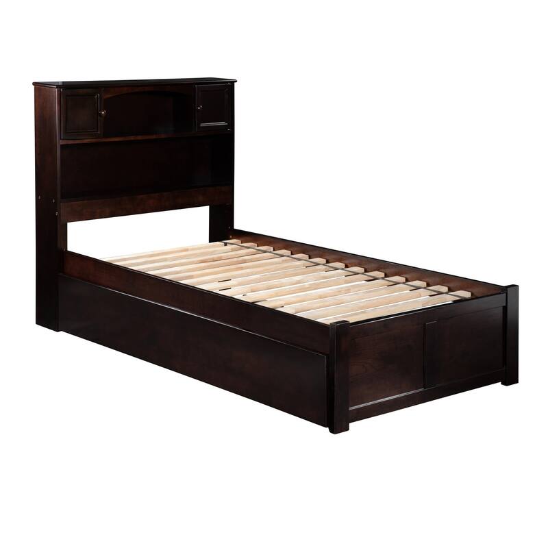 Twin Platform Bed with Trundle & Bookcase Headboard - Espresso Finish, Space Saving Design