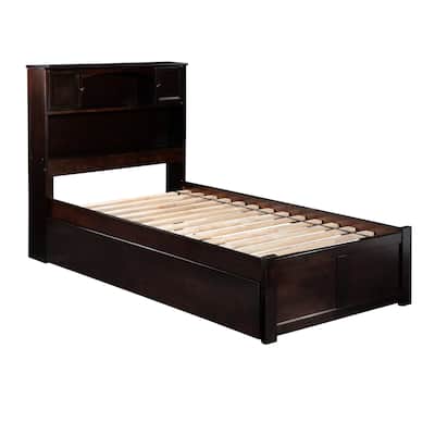 Twin Platform Bed with Trundle & Bookcase Headboard - Espresso Finish, Space Saving Design