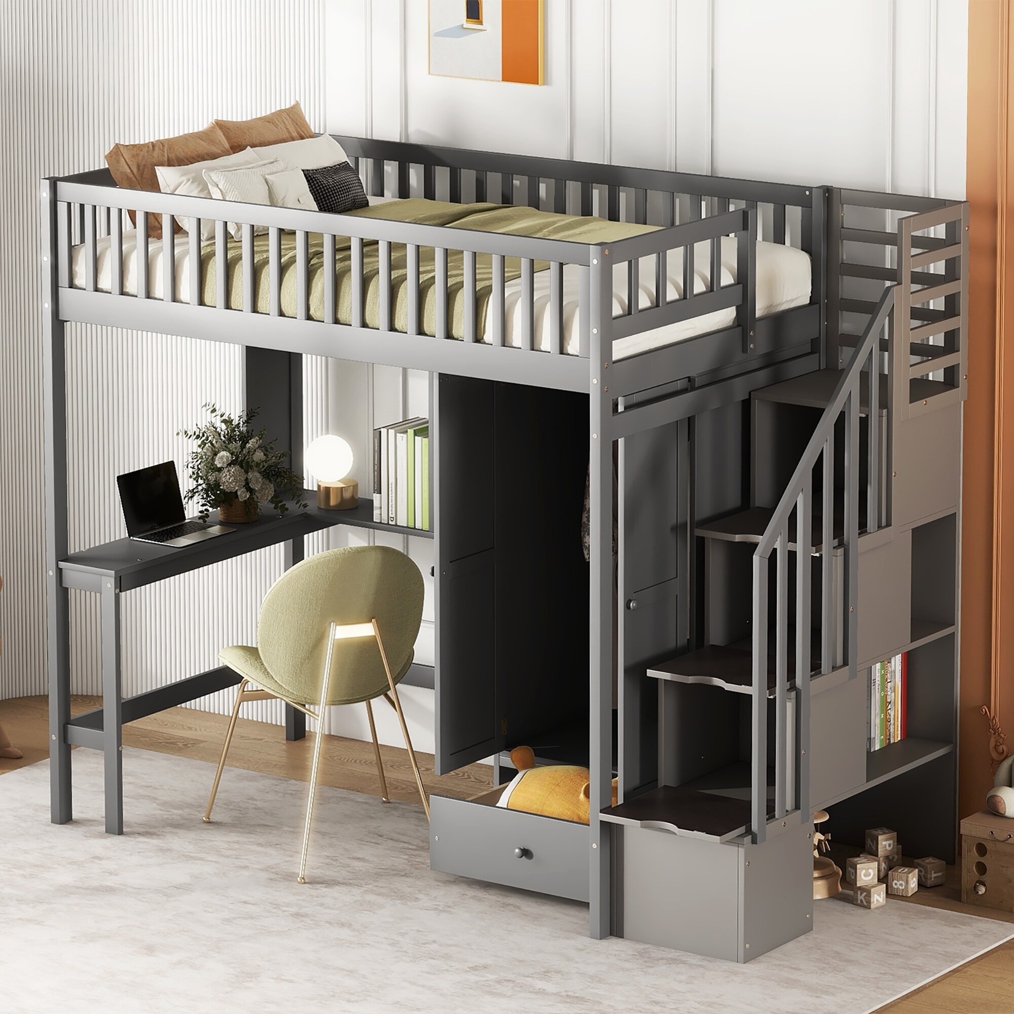 Gray Twin Size Loft Bed with Storage Stairs Desk and Wardrobe Stairway High LoftBed with Bookshelf Drawers Wooden Bedframe